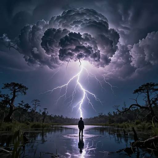 Silhouetted figure stands in puddle, facing electrifying storm cloud with lightning bolts, under a dramatic, cloud-filled night sky. Digital art