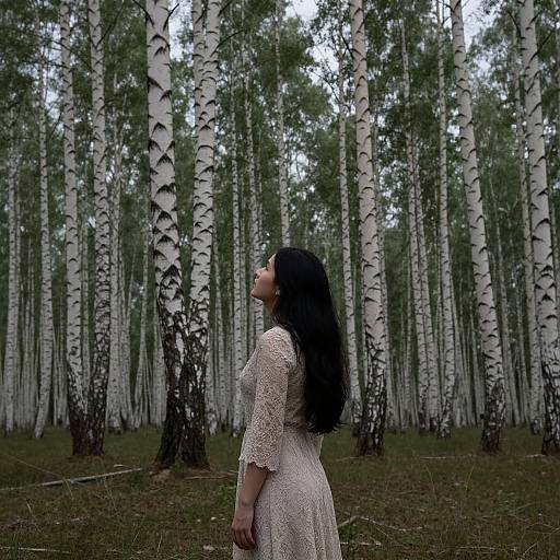 Photograph of a woman with long black hair in a lace dress, standing in a birch forest, looking upwards, surrounded by tall white birch