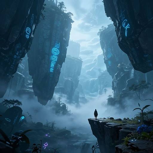 Digital fantasy artwork of a lone figure standing on a cliff, overlooking a misty, illuminated cave with glowing blue runes on towering rock formations.