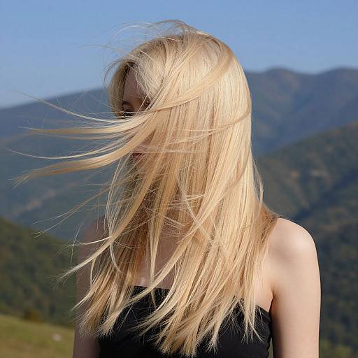 Blonde woman with wind-swept hair in black top, standing against mountainous background, clear blue sky, photograph.
