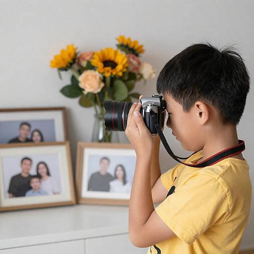 Boy Capturing Family Memories in Floral Setting