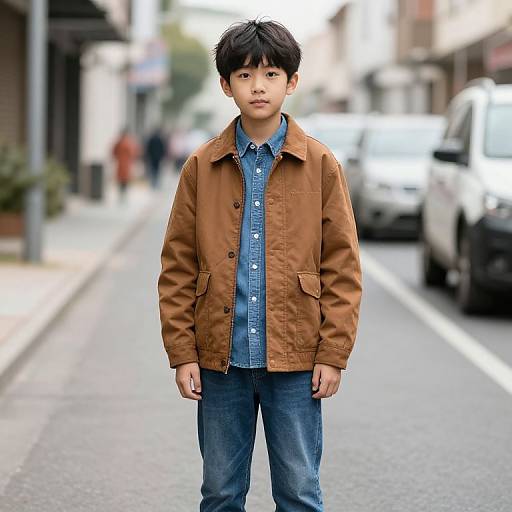 Boy in Brown Jacket on Street