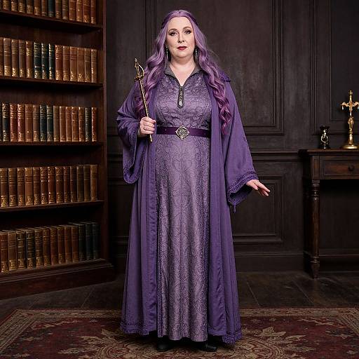 Photograph of a fair-skinned woman with long purple hair, wearing a purple medieval nun outfit, holding a staff, standing in a dark, wood