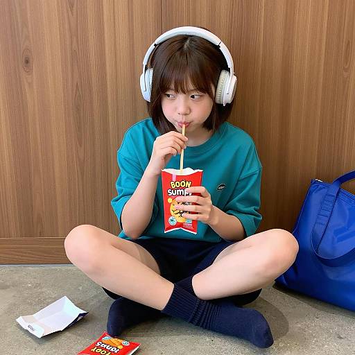 Casual Snack Time on Concrete Floor