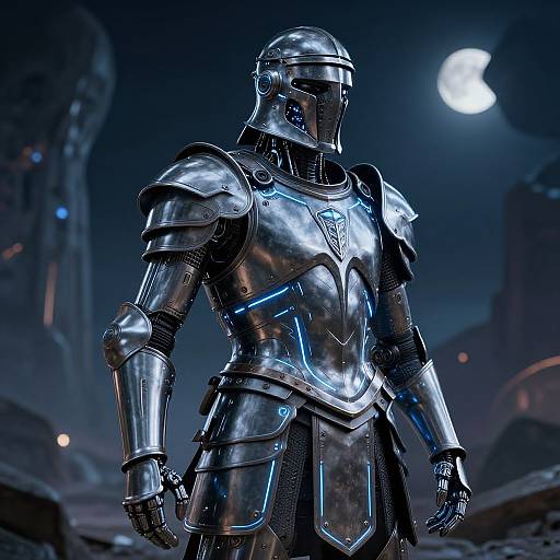 Photorealistic CGI of a shiny, blue-accented medieval knight in silver armor standing under a moonlit night sky with futuristic ruins.