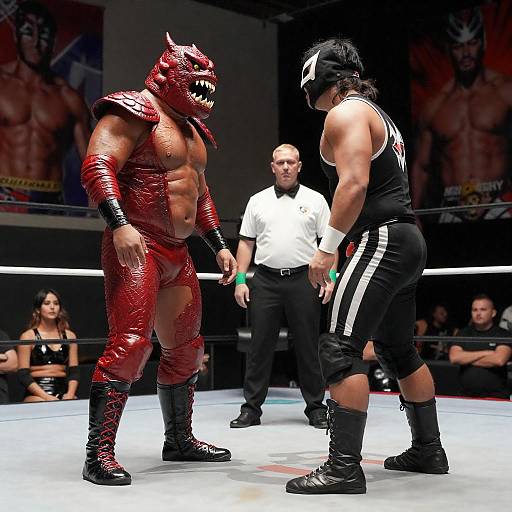 Intense Wrestling Match in Indoor Arena