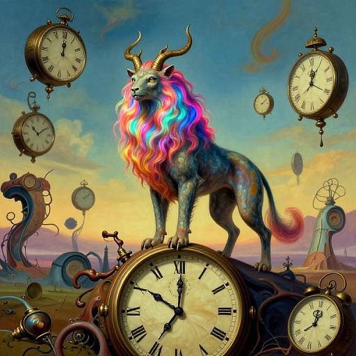 Digital artwork of a mythical lion with vibrant, rainbow mane standing on a clock, surrounded by floating clocks in a surreal, colorful sky.