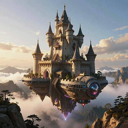 Floating Castle Ship Over Mountains