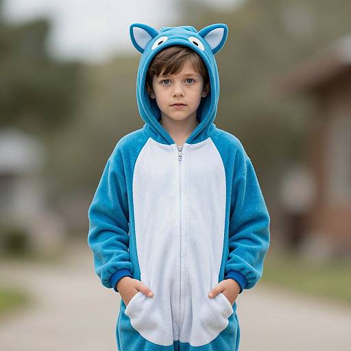 Photograph of a young boy with blue eyes, wearing a blue and white cat-themed hoodie, standing outdoors with hands in pockets. Blurred greenery