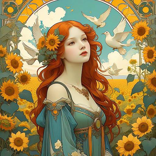 Art Nouveau Red-Haired Woman with Sunflowers and Doves