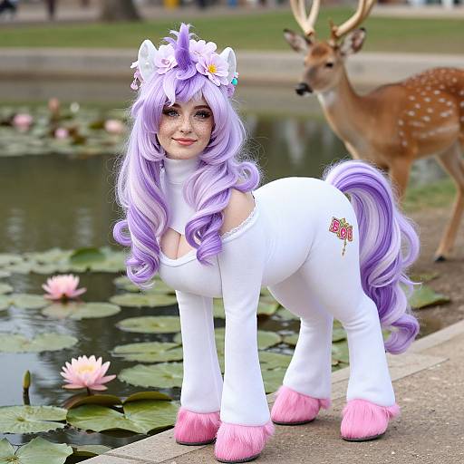 Photograph of a woman in a white unicorn costume with lavender hair, pink hooves, floral headpiece, standing by a pond with a deer in