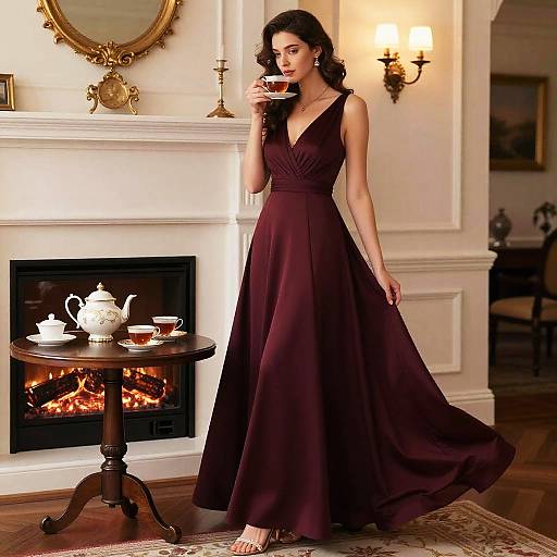 Elegant Woman in Burgundy Evening Gown