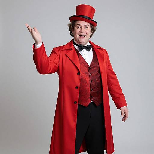 Photograph of a smiling man in a red top hat and coat, black vest, and bow tie, waving his right hand.