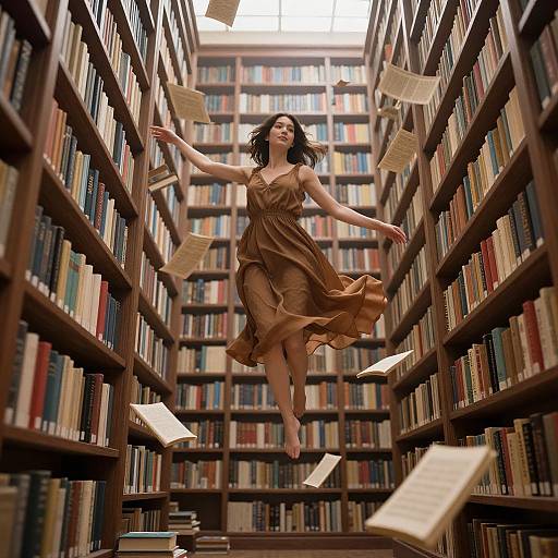 Photograph of a woman with flowing brown dress, black hair, floating between bookshelves in a library, surrounded by flying papers.