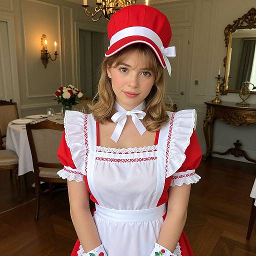 Photograph of a young woman with light brown hair in a red and white maid outfit, standing in an elegant, vintage-style room with ornate furniture