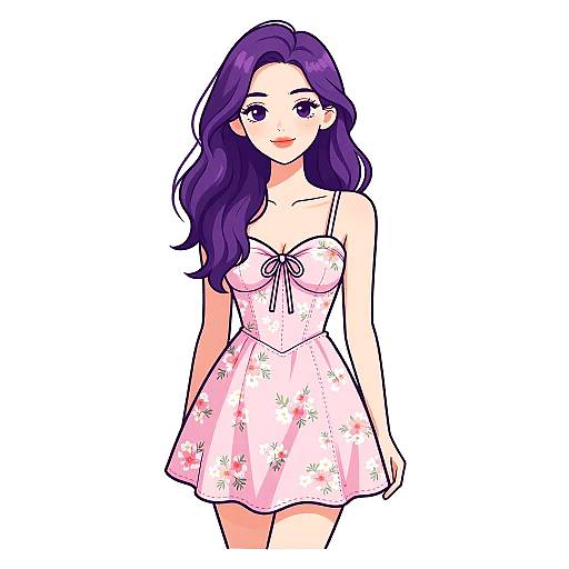 Anime-style digital drawing of a smiling woman with long purple hair, wearing a pink floral dress with a bow, white background.