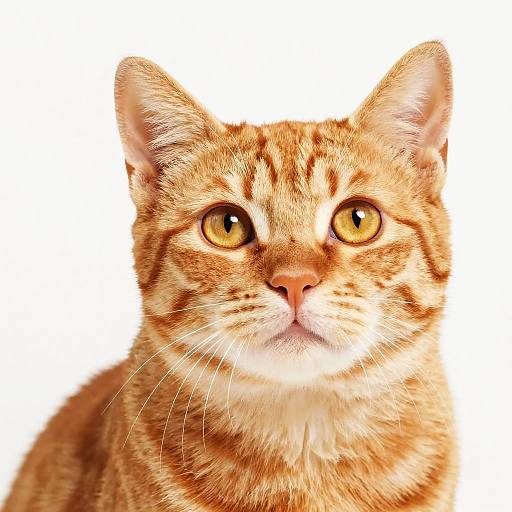 Close-up photograph of a tabby cat with bright yellow eyes, orange and brown striped fur, and a white chest, set against a plain white background