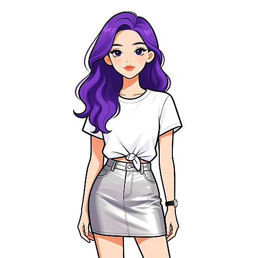 Digital anime-style drawing of a young woman with long purple hair, wearing a white tied-shirt and silver skirt, standing against a plain white background.