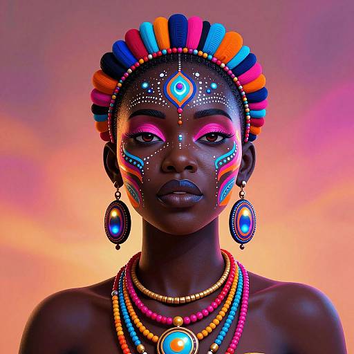 Photograph of a dark-skinned woman with vibrant, colorful face paint, beaded headpiece, and jewelry, set against a sunset background.
