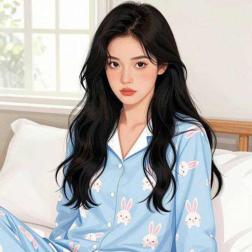 Digital illustration of an Asian woman with long black hair, wearing light blue bunny-print pajamas, sitting on a white bed against a bright window backdrop.