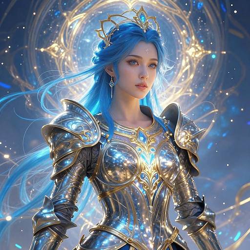Digital art of a blue-haired, fair-skinned woman in shiny, gold-accented silver armor with a glowing blue gem, crowned, set against