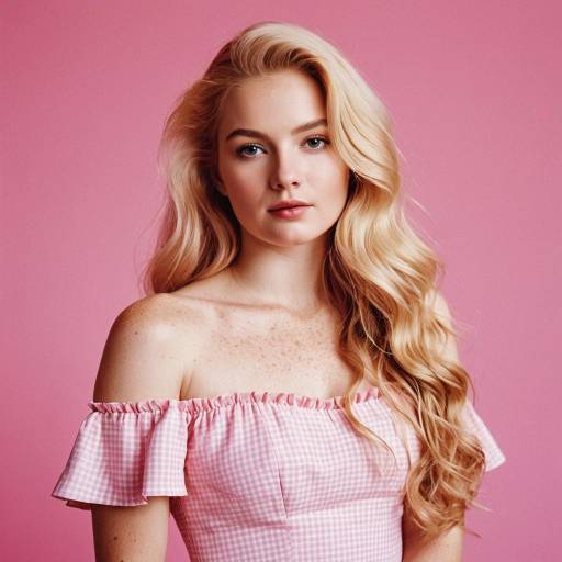 Young Blonde Woman in Pink Off-Shoulder Dress
