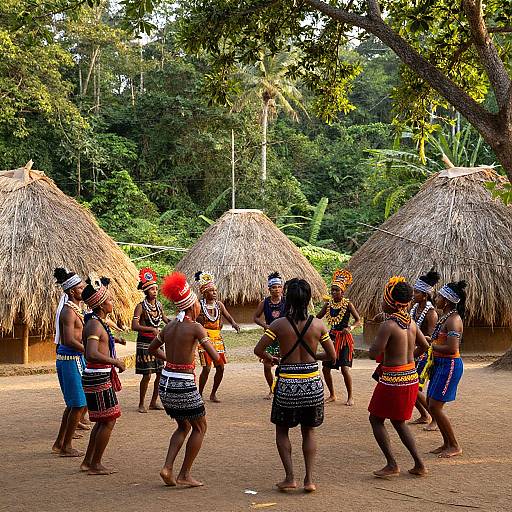 Photograph of Indigenous villagers in colorful traditional attire, dancing in a forest clearing with thatched huts, surrounded by lush greenery.