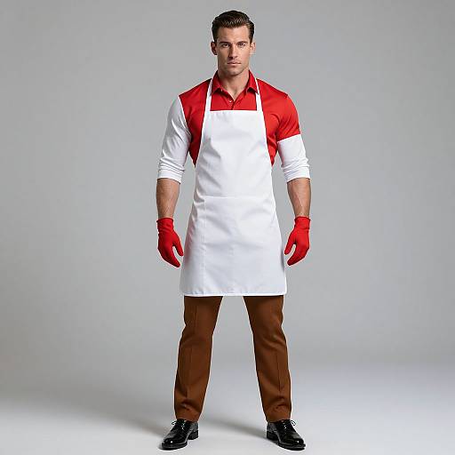 Photograph of a muscular man with short dark hair, wearing a red and white shirt, white apron, red gloves, brown pants, and black