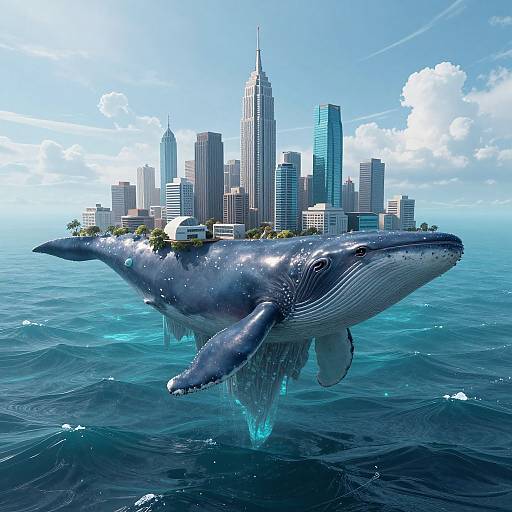 Digital artwork of a giant blue whale carrying a futuristic cityscape of skyscrapers, floating above vibrant blue ocean under a clear sky.