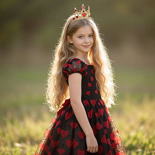 Photograph of a young girl with long blonde hair, wearing a black dress with red heart patterns, and a small red crown, standing in a sun