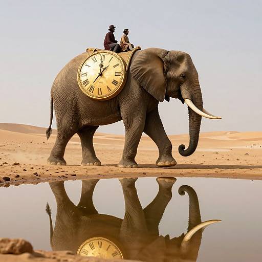 Photograph of a large elephant with a large clock on its back, carrying two seated men, reflected in a calm desert oasis pool.