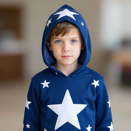 Photograph of a young boy with blue eyes, brown hair, wearing a navy hoodie with white stars, standing indoors.
