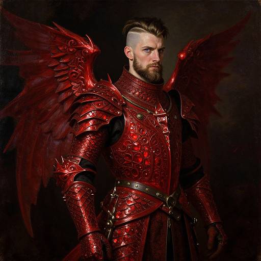 Photorealistic digital artwork of a bearded, muscular man with red, ornate armor and large, glowing red wings, standing against a dark background