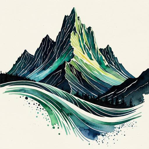 Watercolor Mountain Peak with Aurora Borealis