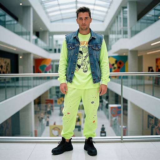 Photograph of a man with short dark hair, wearing a neon yellow graphic shirt, distressed denim vest, neon yellow pants, and black shoes, standing