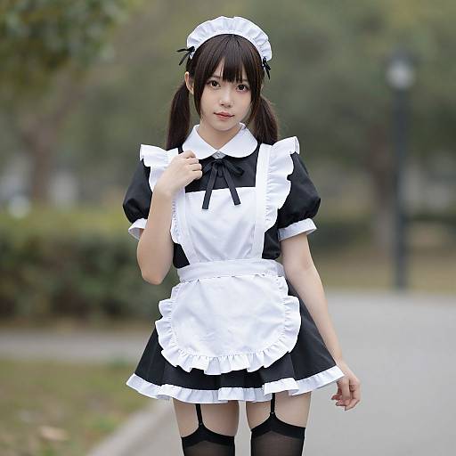 Photograph of an Asian woman with black hair in pigtails, wearing a black and white French maid outfit, standing outdoors on a blurred park path