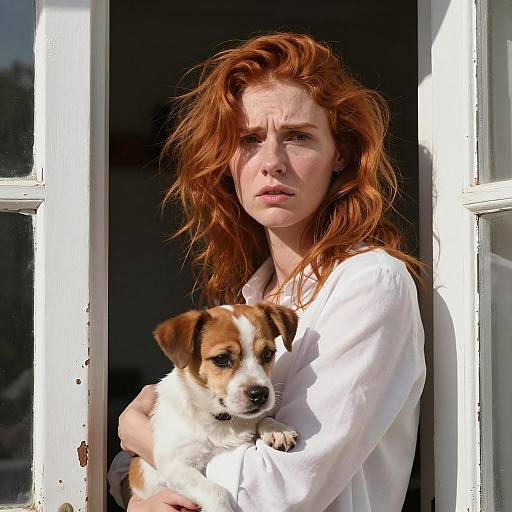 Worried Woman Holding Small Dog in Doorway