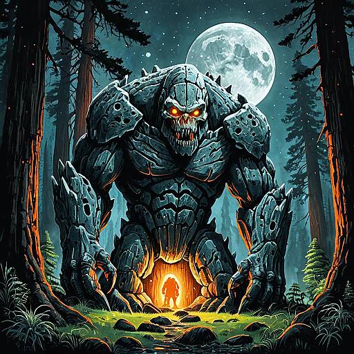 Massive Stone Golem in Redwood Forest Under Full Moon