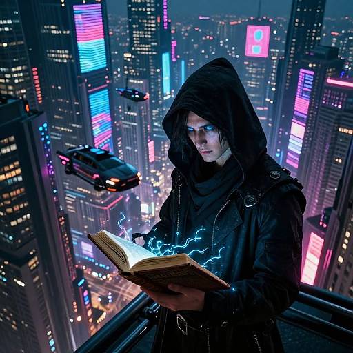Cyberpunk cityscape at night with neon lights. Hooded figure in dark cloak holding glowing, electric book. Flying cars below. Digital art.