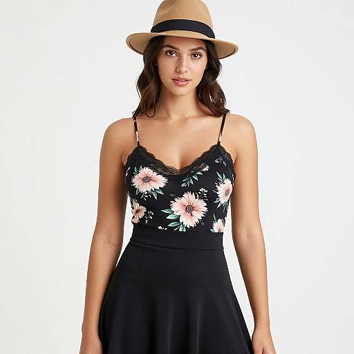 Photograph of a young woman with medium skin tone, wearing a beige straw hat, black floral sundress with thin straps, and black ribbon, standing