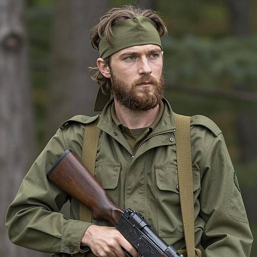 Bearded Soldier in Green Uniform Portrait