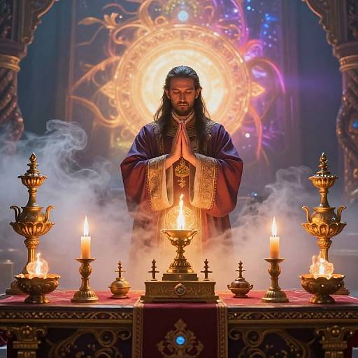 Photograph of a bearded man with long black hair, wearing a blue and gold robe, praying with hands together over a candle-lit altar surrounded