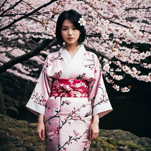 Woman in Pink Kimono with Cherry Blossoms