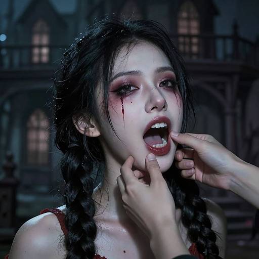 Photorealistic digital artwork: pale, bloodstained woman with dark braids, open mouth, hands gripping chin, eerie blue-lit Gothic building