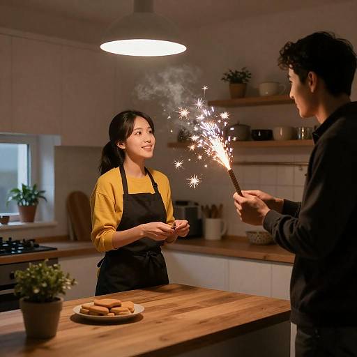 Woman Ignites Firework in Cozy Kitchen