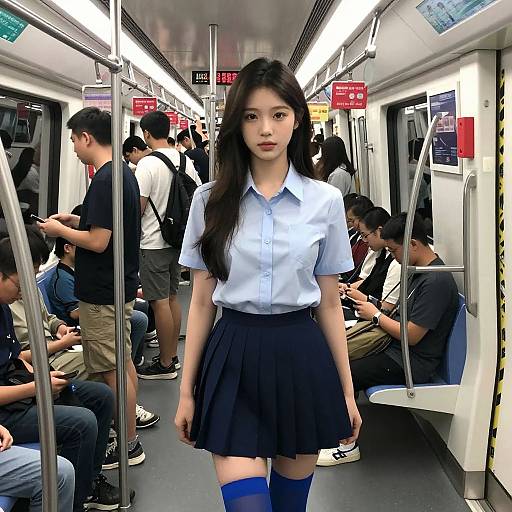 Photograph of an Asian woman with long black hair in a white blouse and black skirt standing in a crowded subway car. Passengers sit and stand around
