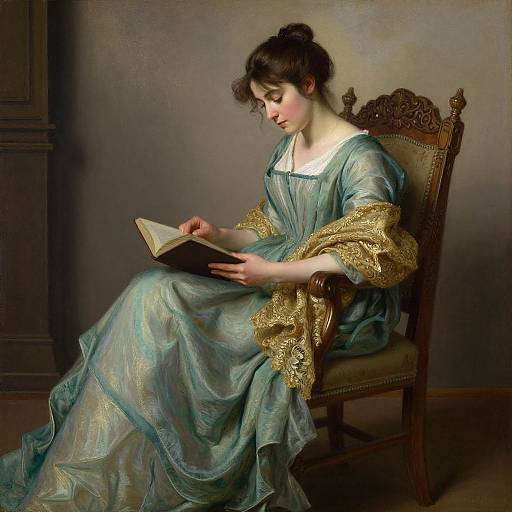 Classical painting of a young woman with pale skin and dark hair, wearing a blue, gold-embroidered dress, reading a book while seated