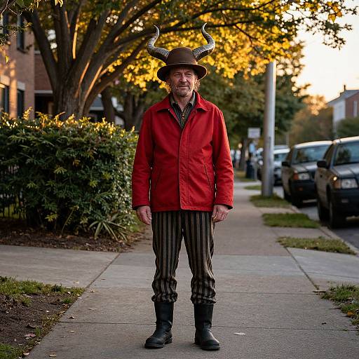 Middle-aged man with brown beard, wearing red jacket, striped pants, black boots, and horned hat, standing on suburban street at sunset.