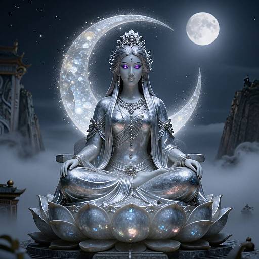 Mystical Silver Moon Goddess on Lotus Throne