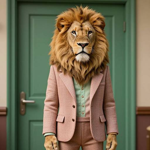 Photorealistic CGI of a male lion wearing a pink checkered suit, mint green shirt, standing in front of a green door.